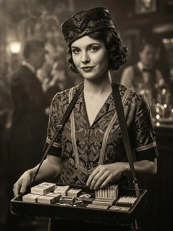 Illustrated portrait of Bunny Lamarr, the Cigarette Girl, a suspect in Murder at the Gilded Lily, a printable 1920s murder mystery party