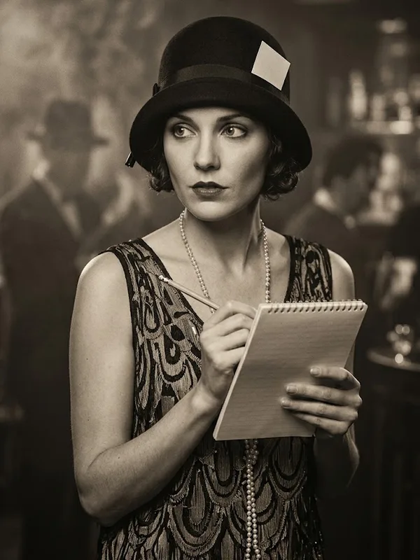 Illustrated portrait of Dot Hennessy, the Gossip Columnist, a suspect in Murder at the Gilded Lily, a printable 1920s murder mystery party