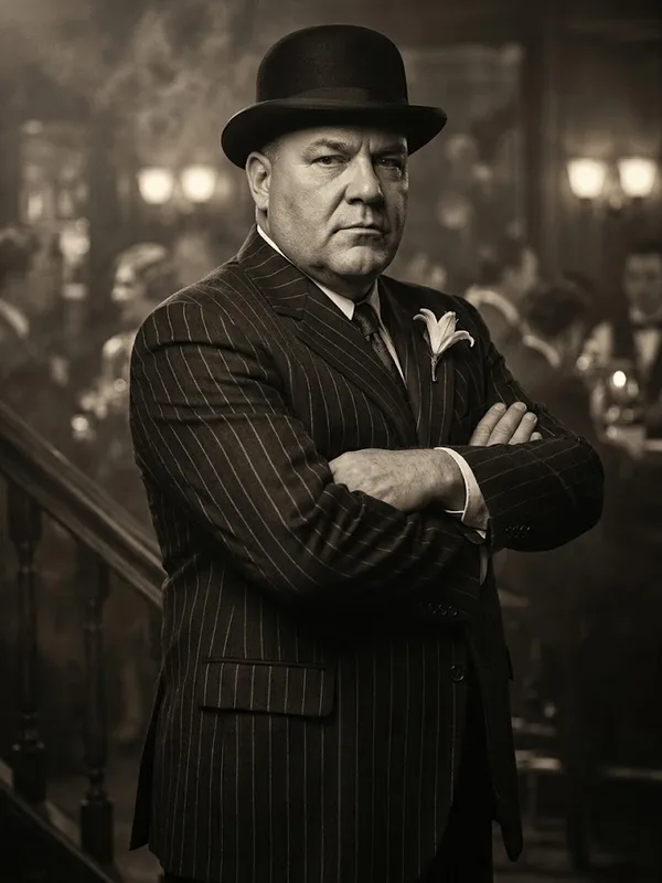 Illustrated portrait of Gus Brennan, the Doorman, a suspect in Murder at the Gilded Lily, a printable 1920s murder mystery party
