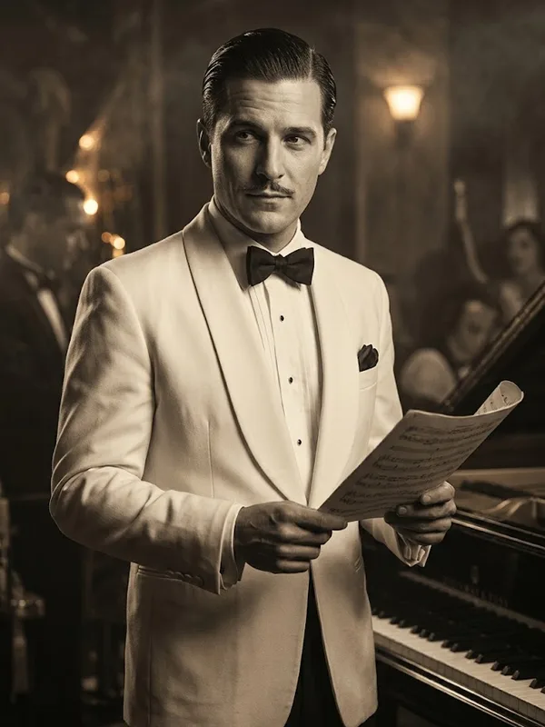 Illustrated portrait of Leo Fontaine, the Bandleader, a suspect in Murder at the Gilded Lily, a printable 1920s murder mystery party