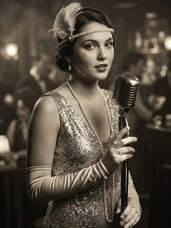Illustrated portrait of Ruby Delacourt, the Headliner, a suspect in Murder at the Gilded Lily, a printable 1920s murder mystery party