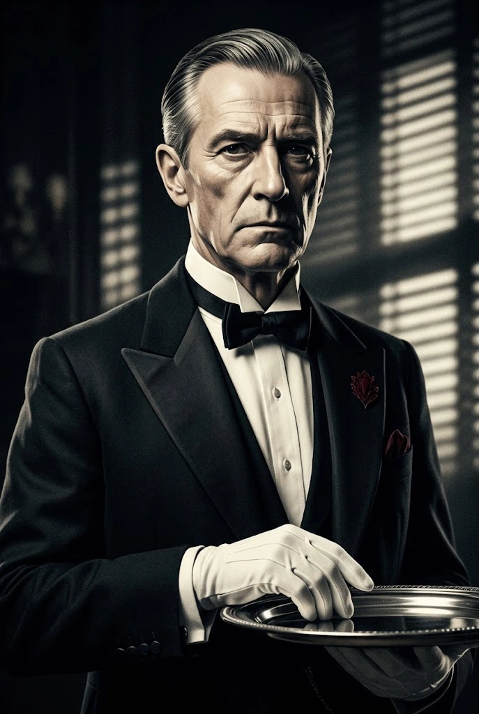 Illustrated portrait of Barnaby Crumb, the Butler, a suspect in Murder at Hollyberry Hall, a printable Christmas murder mystery game