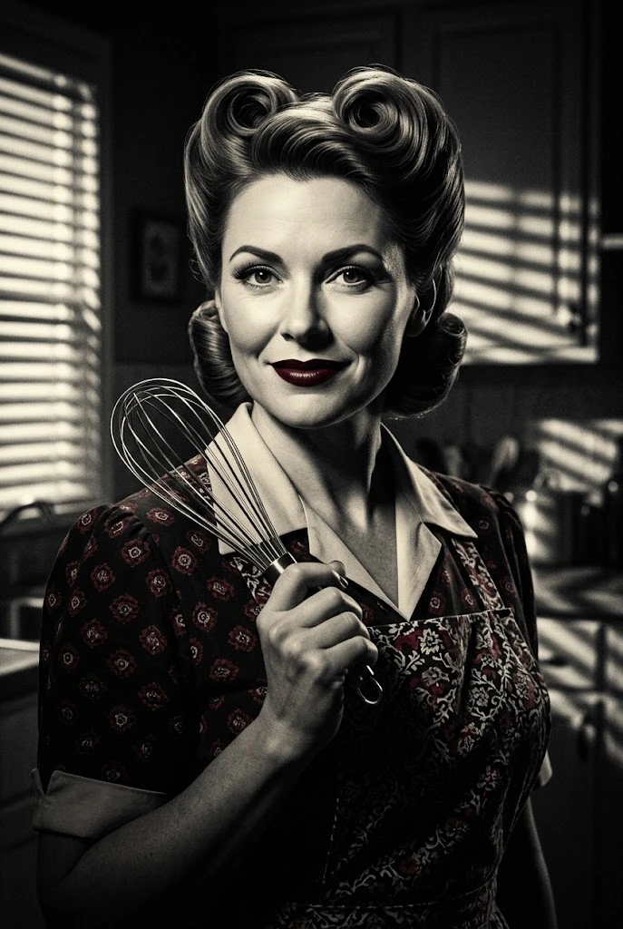 Illustrated portrait of Ginger Snapp, the TV Baker, a suspect in Murder at Hollyberry Hall, a printable Christmas murder mystery game
