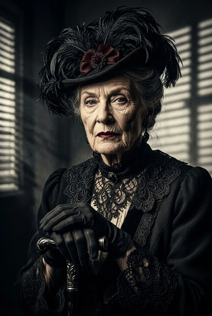 Illustrated portrait of Great-Aunt Agatha Holloway, the Family Matriarch, a suspect in Murder at Hollyberry Hall, a printable Christmas murder mystery game