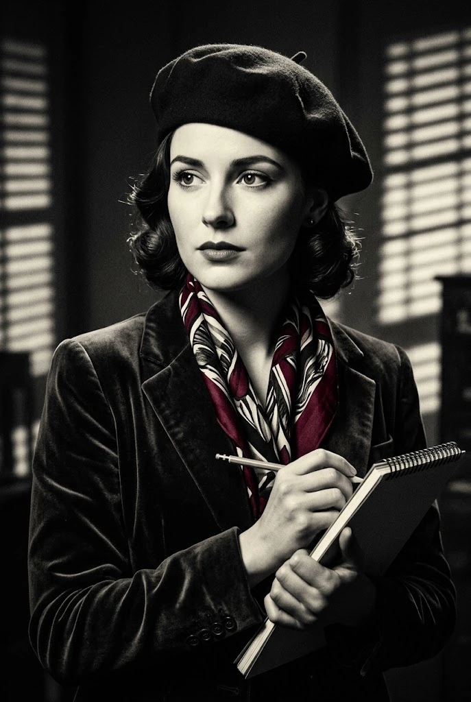 Illustrated portrait of Holly Holloway, the Prodigal Daughter, a suspect in Murder at Hollyberry Hall, a printable Christmas murder mystery game