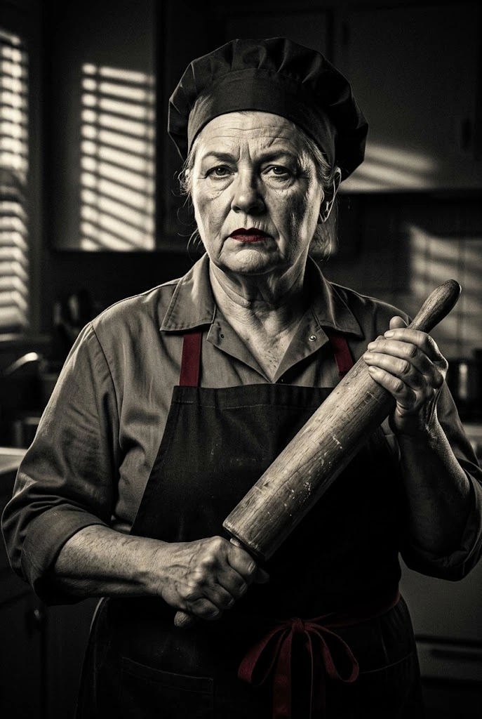 Illustrated portrait of Mrs. Tilda Plum, the Cook, a suspect in Murder at Hollyberry Hall, a printable Christmas murder mystery game