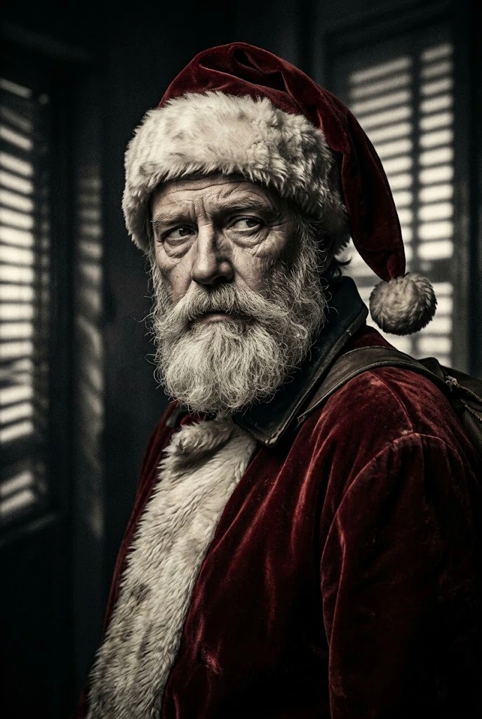 Illustrated portrait of Nick Frost, the Hired Santa, a suspect in Murder at Hollyberry Hall, a printable Christmas murder mystery game