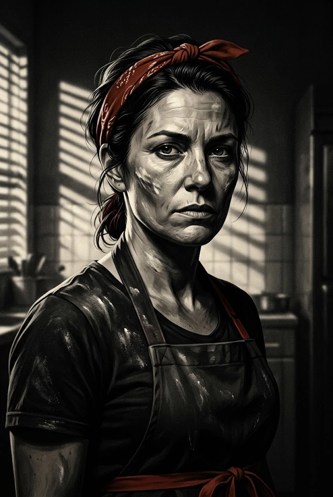 Illustrated portrait of Gina Crust, the Head Chef, a suspect in The Last Slice, a free printable murder mystery game