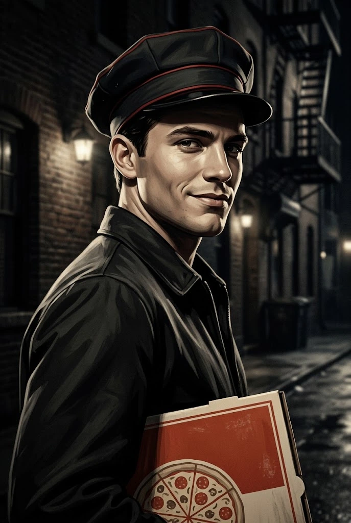Illustrated portrait of Marco Bellini, the Delivery Driver, a suspect in The Last Slice, a free printable murder mystery game