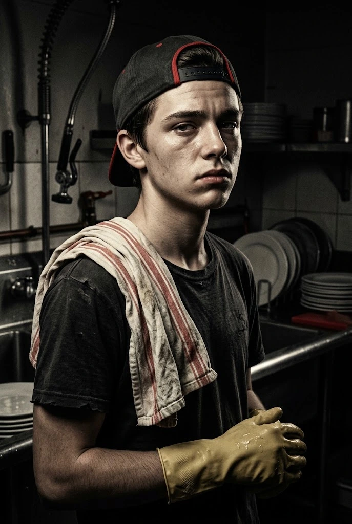 Illustrated portrait of Rocco Crust, the Dishwasher, a suspect in The Last Slice, a free printable murder mystery game