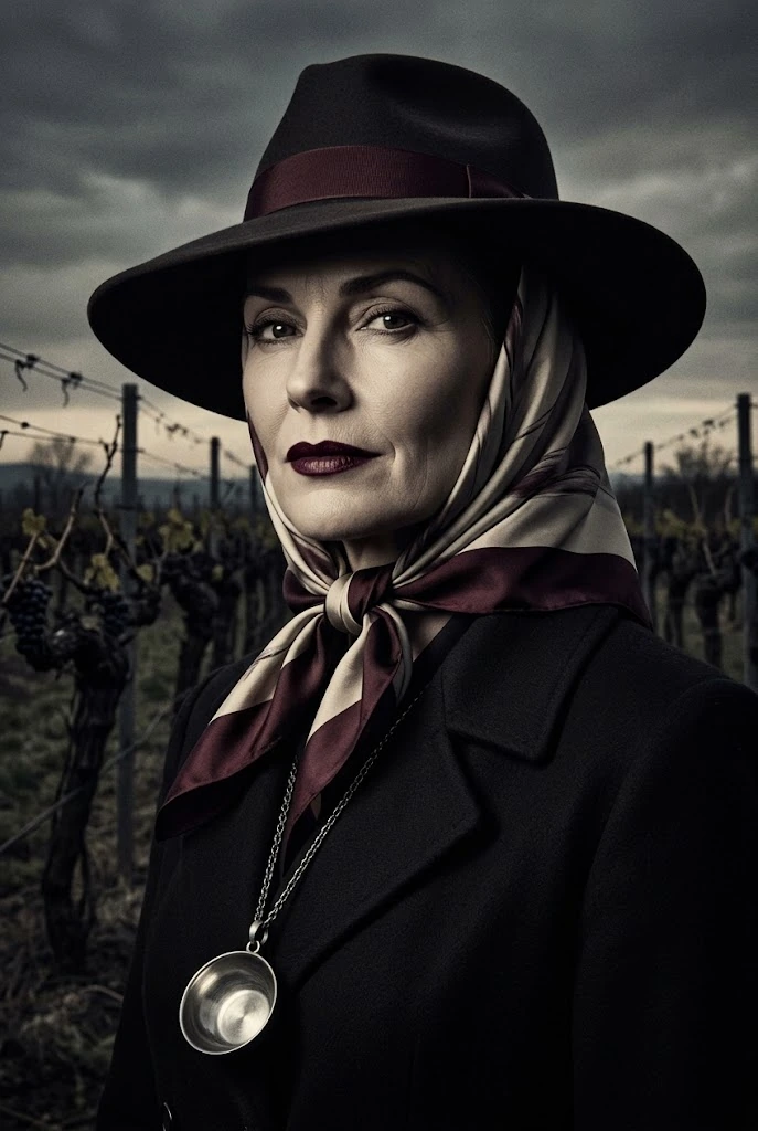 Illustrated portrait of Margo Delacroix, the Rival Vintner, a suspect in Murder at Vintner’s Rest, a printable wine murder mystery party