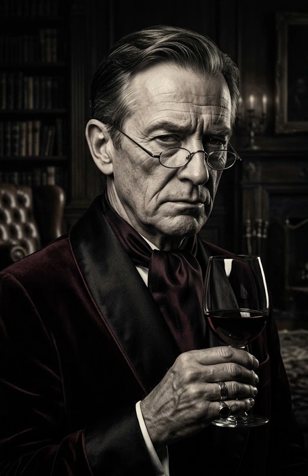 Illustrated portrait of Percival Gleeson, the Wine Critic, a suspect in Murder at Vintner’s Rest, a printable wine murder mystery party