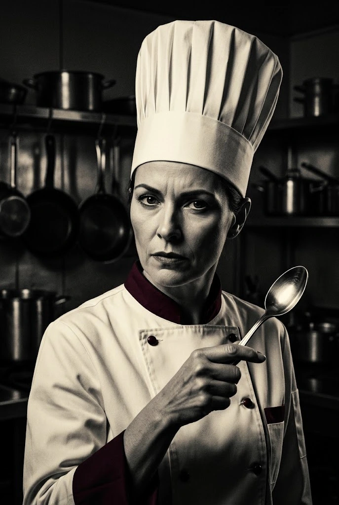 Illustrated portrait of Rosa Mendes, the Head Chef, a suspect in Murder at Vintner’s Rest, a printable wine murder mystery party